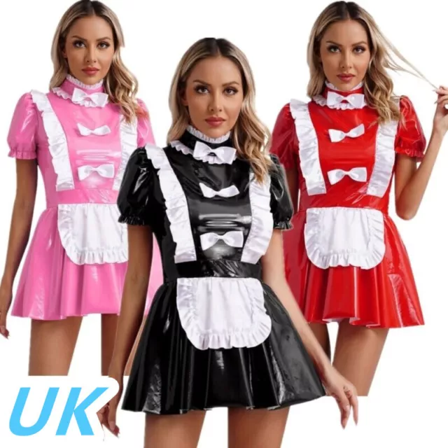 UK Womens Sexy French Maid Cosplay Costume Patent Leather Ruffles Mini Dress