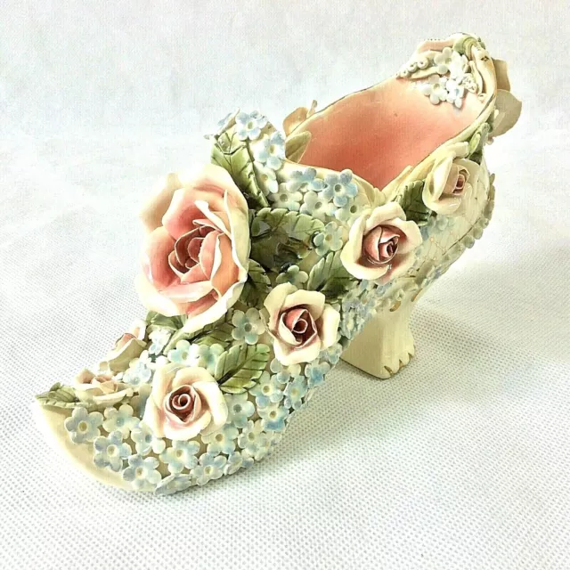 Hobe Dresden Porcelain Ladies Shoe Ornate Detailed Pink Roses Floral Signed Vtg