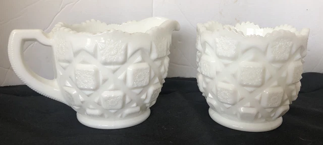 Westmoreland Diamond Quilt Pattern White Milk Glass Cream and Sugar Large Set