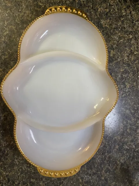 Vintage Anchor Hocking Fire King Divided Relish Dish 3 Sections Gold Trim 11 1/8