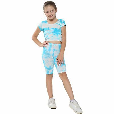 Kids Tie Dye Blue Crop Top & Cycling Shorts Set Active Wear Girls Boys Age 5-13