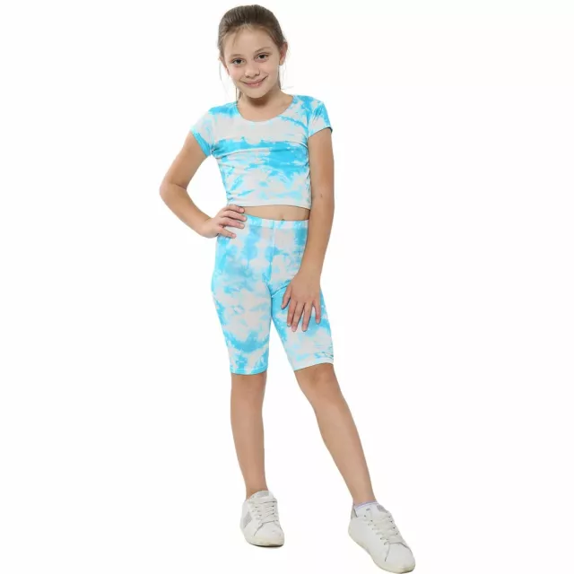 Kids Tie Dye Blue Crop Top & Cycling Shorts Set Active Wear Girls Boys Age 5-13