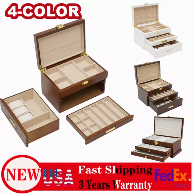 Large Wooden Jewelry Storage Box 3 Layers Organizer 2 Drawers Cabinet