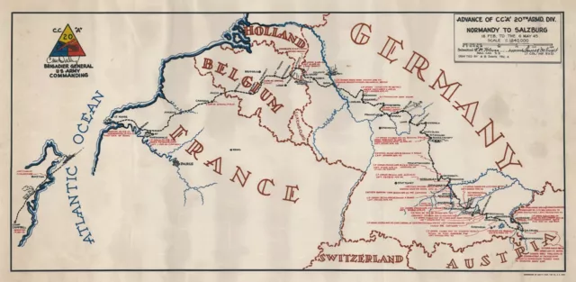 1945 World War II 20th Armored Division Route Map of Europe CCA 8x16 Wall Print