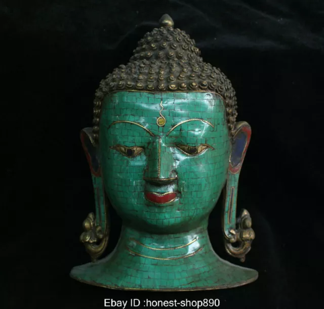 11.6" Old China Tibet Bronze Inlay Turquoise Shakyamuni Amitabha Buddha Statue