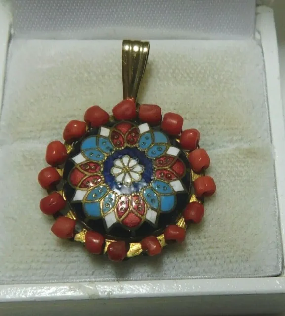Victorian Gold Red Blue White Guilloche Enamel Floral Coral Beads Pendant  4f 3