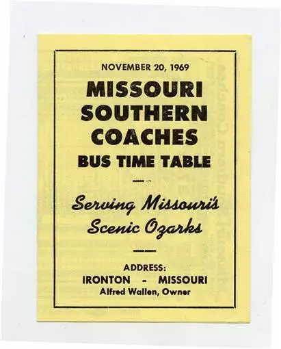 Missouri Southern Coaches Bus Time Table 1969 Serving Missouri;s Scenic Ozarks