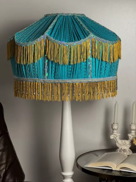 Victorian lampshade turquoise guipure with long fringe