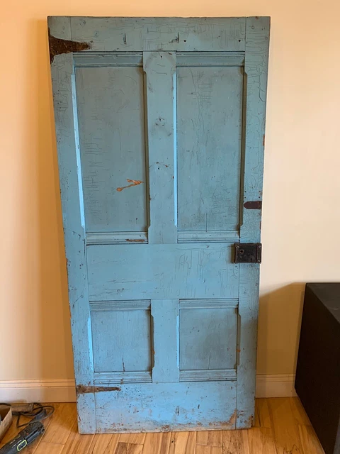Antique Early Painted Door Mortise Tenon Joints Blue Yellow