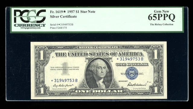 DBR 1957 $1 Silver STAR Gem *B Block Fr. 1619* PCGS 65 PPQ Serial *31949753B