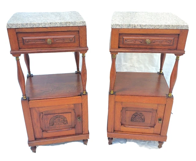 Vtg Solid Oak Art Deco Pair of Nightstands Bed Tables Floral Carvings & Columns