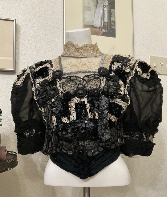 ~ Antique Sequined Lace Victorian Edwardian Formal Blouse Velvet Jet Black ~
