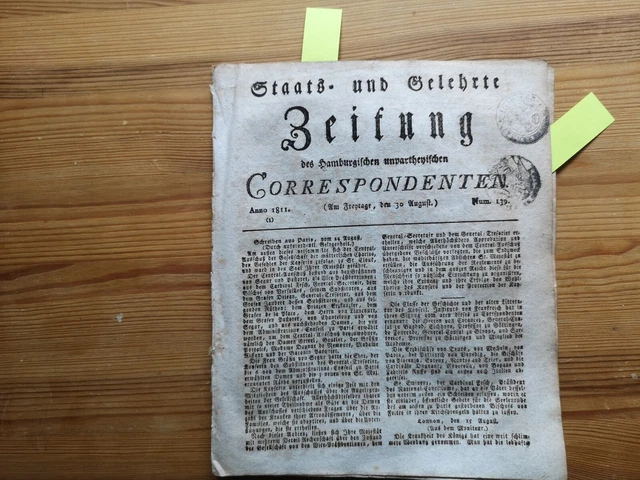 1811 Zeitung Hamburg 139 Erfurt Musikfestival / Hamburg unter Napoleon