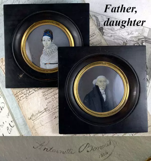 Rare Pair Antique French ID'd Portrait Miniatures, Grandfather, Daughter, c 1814