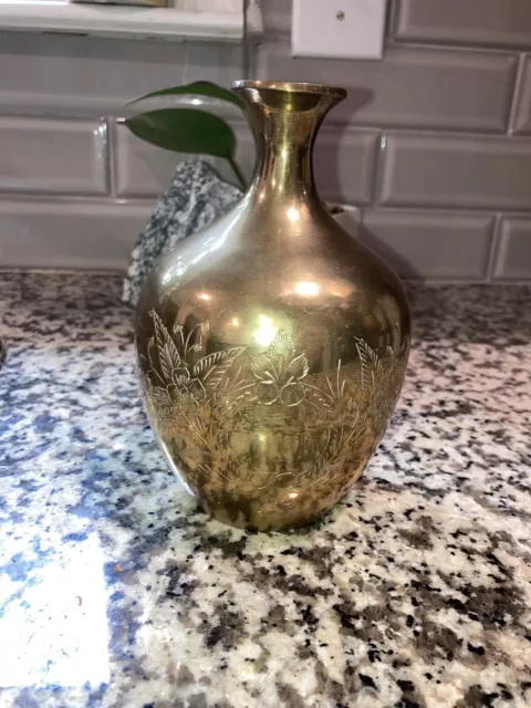 vintage brass vase made in india RIH round floral engraving