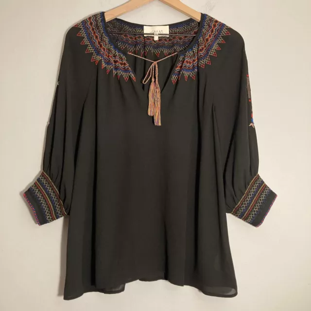 The GREAT. The Promenade Top 0 XS Black Multicolor Embroidery Tassel Flowy Boho