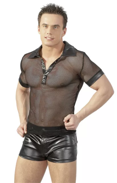 T-Shirt da uomo a rete nera con colletto e bottoncini inserti in tessuto Sexy
