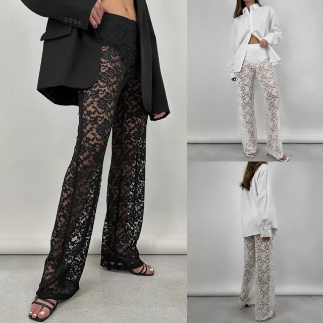 Womens Lace Party Straight Legs Pants Party High Waist See Through Trousers SEXY