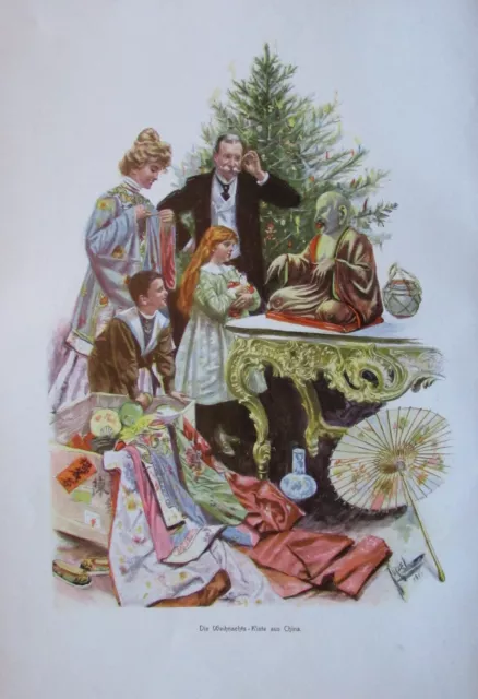 DIE WEIHNACHTS-KISTE AUS CHINA um 1903 alter Druck Lithografie old print