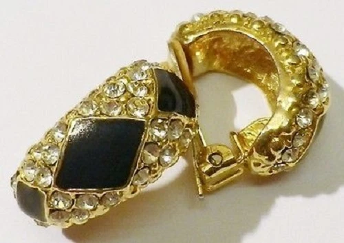 Boucles D'oreilles Clips Vintage Dorées Avec émail Noir Et Cristaux - Modèle 4494 - Occasion