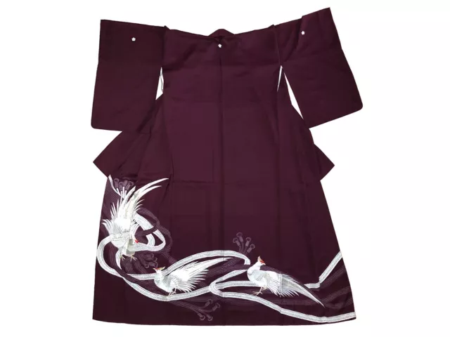 Vintage Formal Purple Silk Japanese Pheasant Montsuki Iro Tomesode: ’Hakuchi'