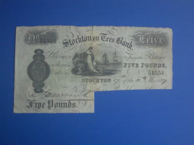 ** Stockton on Tees Bank**  1887 £5 Provincial  Banknote ****