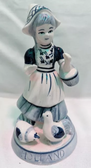 Vintage Hand Painted Signed Delft Blue Dutch Girl Feeding Geese Figurine 6.25"