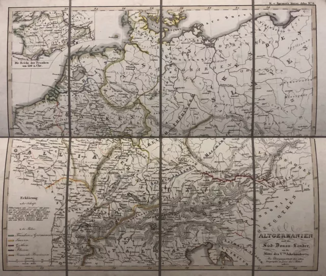 Kupferstich Karte Map Spruner 1835 Germania Altgermanien Slaven Sueven Franken