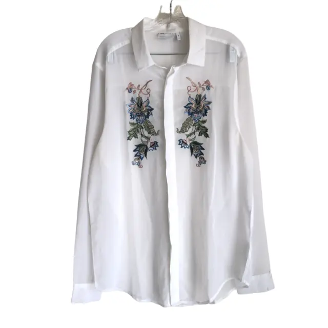 ASOS Design Women's Tunic Blouse Size XL White Floral Embroidered Chiffon Sheer