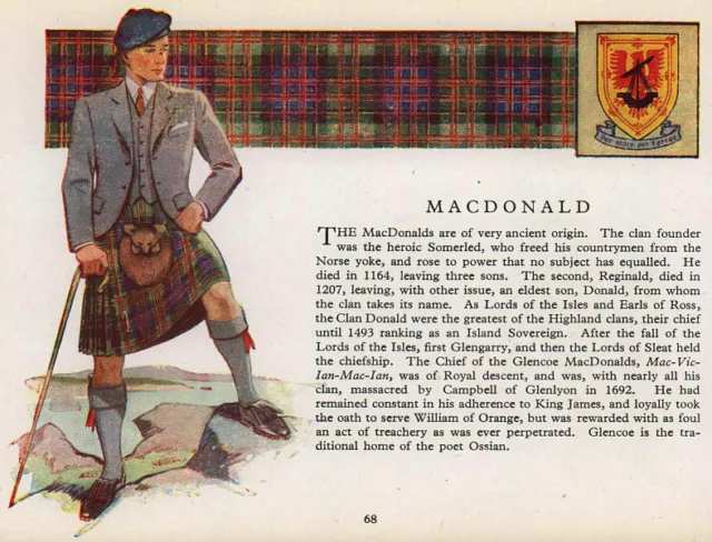 MacDonald. Scotland Scottish clans tartans arms 1957 old vintage print picture