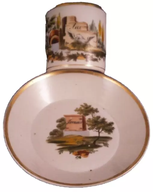 Antigüedad 19thC German Porcelana Scenic De Taza y Platillo Porzellan Tasse