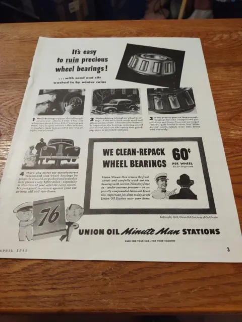 1943 Union Oil Minute Man Stations Cleaner pack Bearings Magazine Ad