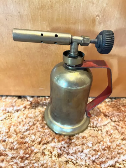 Vintage Antique Mini-Blow Torch Brass Copper with red metal handle