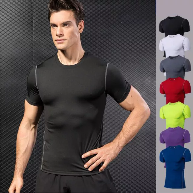 Mens Sports Workout Compression Slim Tight Shirts Training Cool Dry Fitness Tops