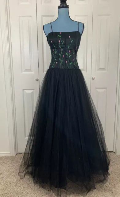 De Laru Black Floral Spaghetti Strap Tulle Fit Flare Ball Gown Prom Formal 7/8