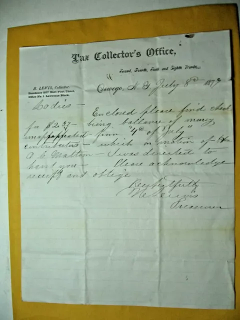 1879 The Collector's Office - Oswego, N.Y. Payment Letter