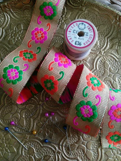 Gold Lurex Floral Embroidered Ribbon Jaquard Trim Pink, Orange & Green 33mm 2