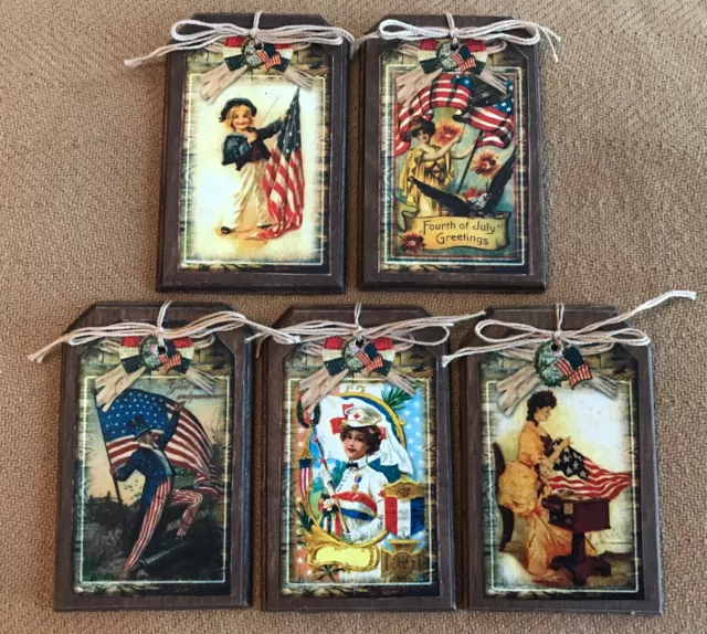 5 WOOD Americana Hang Tags/Vintage Patriotic Ornaments/PRiM USA Ornies SET-2S 2