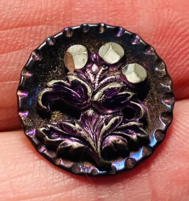 Antique Vintage Original Tint Metal Button On Steel With Flowers 1/2”