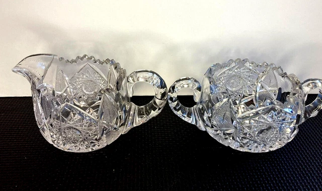 American Brilliant Cut Glass Crystal Vintage Sugar Bowl & Creamer .