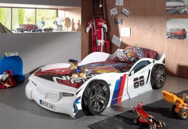 Monza Super Racer Car Bed | Single 3ft Kids White Play Bed | 3D Alloys + Grill