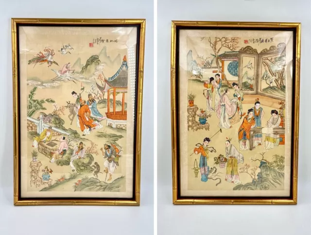 Pair (2) Chinese Watercolor Gouache on Silk Wall Art Bamboo Framed 18x25 VTG 70s