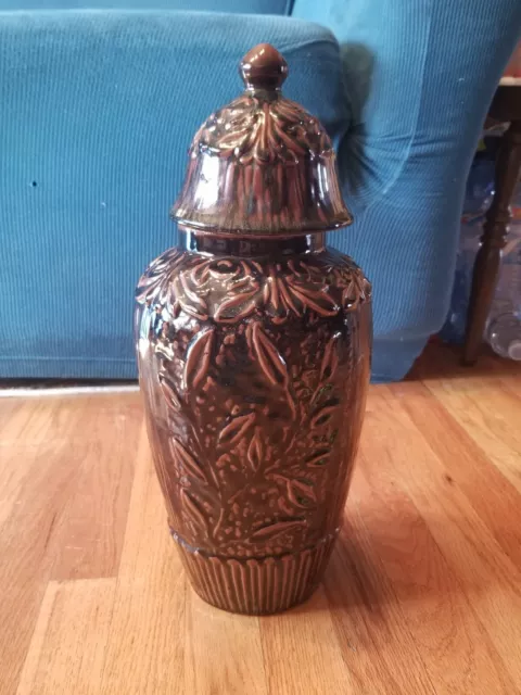 Vintage Urn Lidded Jar Raised Pattern Ceramic Large Black and Brown