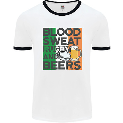 Blood Sweat Rugby and Beers Ireland Funny Mens White Ringer T-Shirt