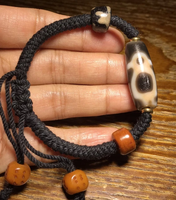 Ancient Tibetan DZI Beads Old Agate Lucky God of Wealth Totem Amulet Bracelet
