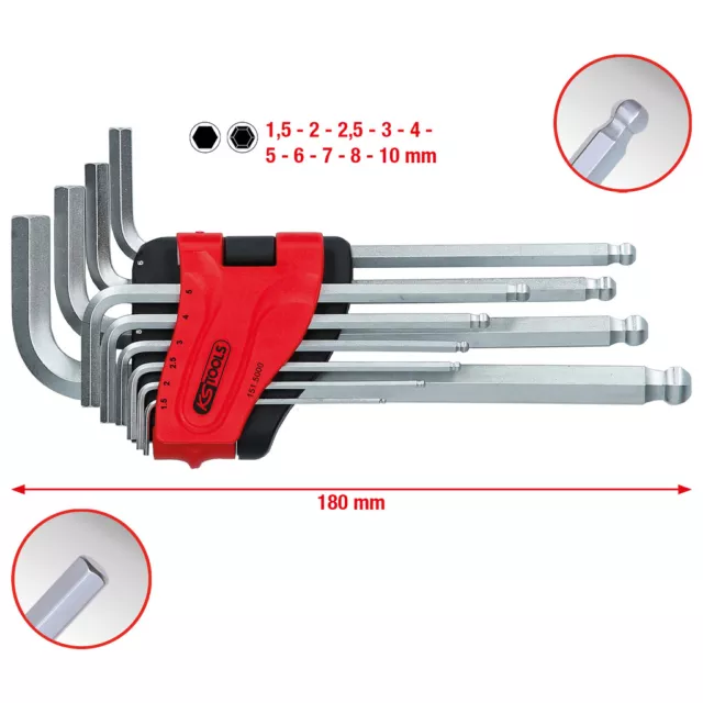 KS TOOLS Kugelkopf-Innensechskant-Winkelstiftschlüssel-Satz, lang, 10-tlg