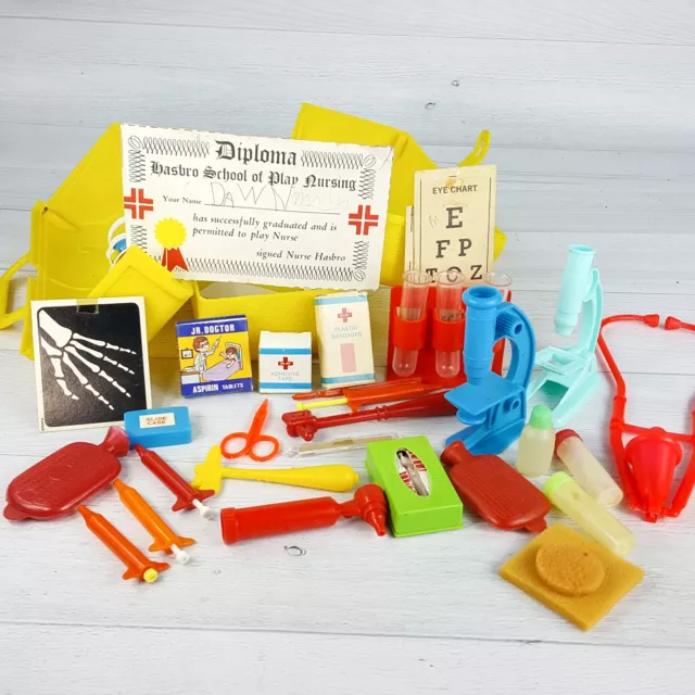 Vintage Fisher Price Kids Doctor Nurse Kit Yellow Case w/ Medical Accessories