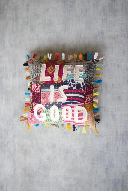 Kalalou Shabby Chic Life Is Good Kantha Pillow With Multi Finish NRV2133