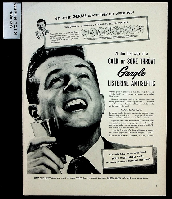 1947 LISTERINE ANTISEPTIC Germs Cold Sore Throat Hygiene Vintage Print