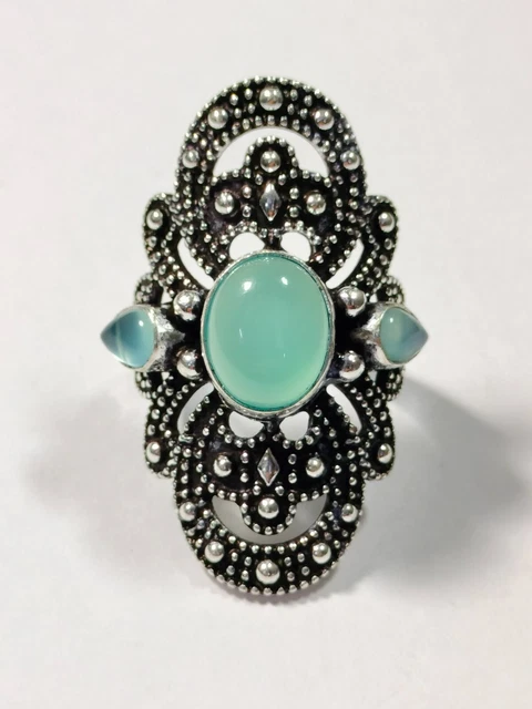Oxidized Handmade Three-Stone 925 Silver Plated Aqua Calci Gemstone Ring Size 8